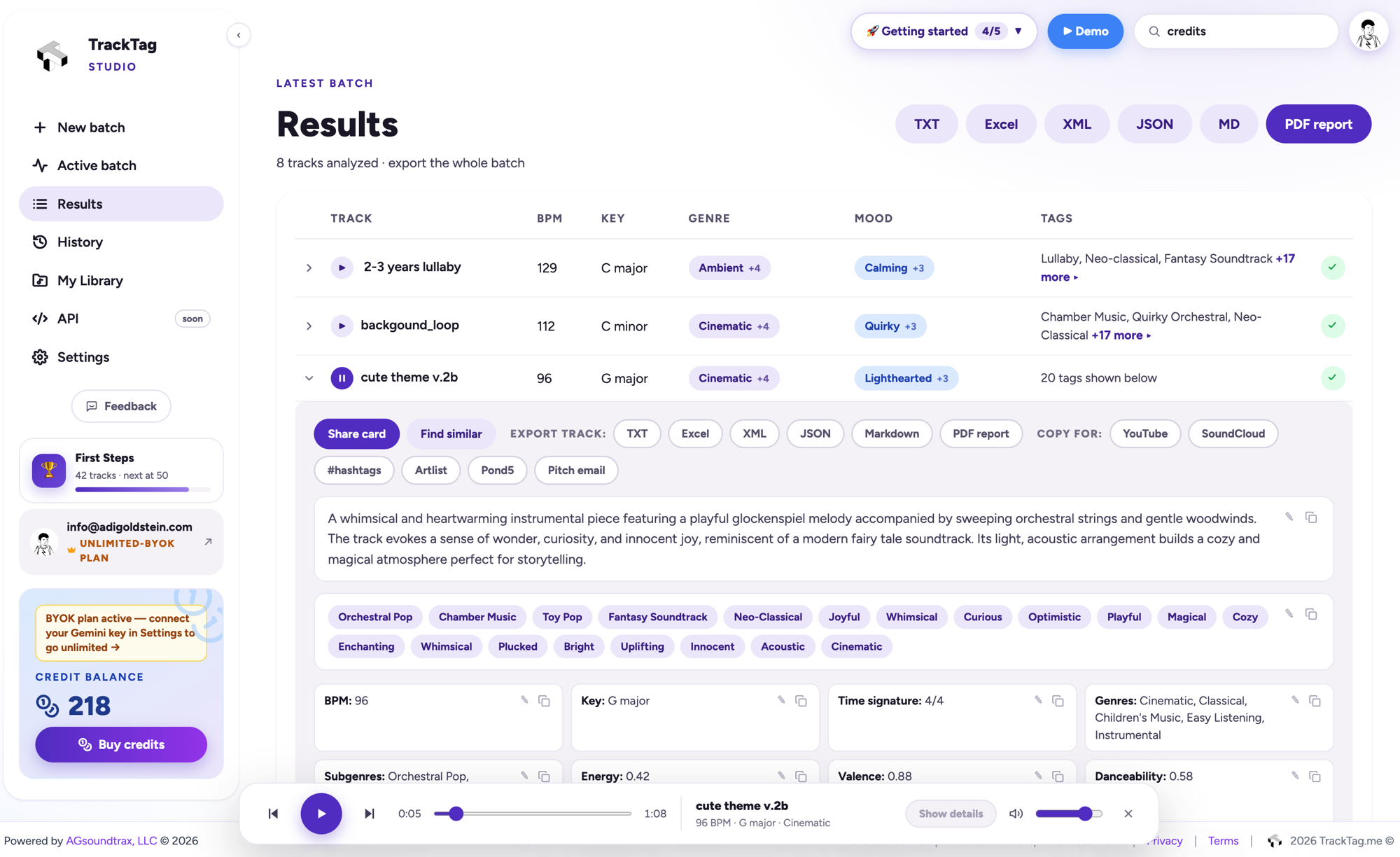 TrackTag Studio Results screen: a batch of analyzed tracks with BPM, key, genres, moods and tags, one track expanded showing its description, 20 tags and per-track exports